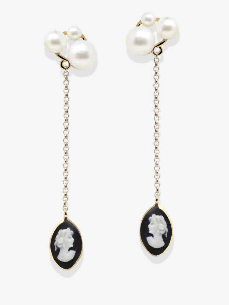 Boucles d'oreilles pendantes avec camée noir et perles - Lilith