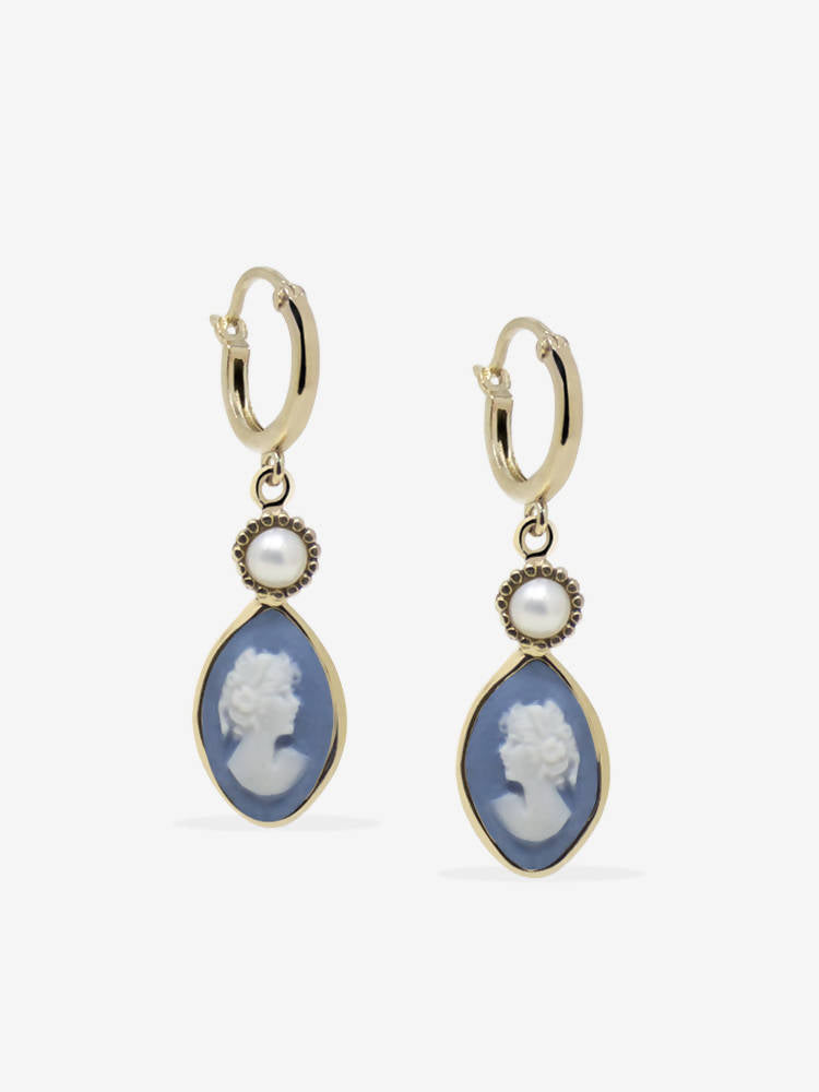 Boucles d'oreilles pendantes avec camée bleu ciel et perle - Isabella