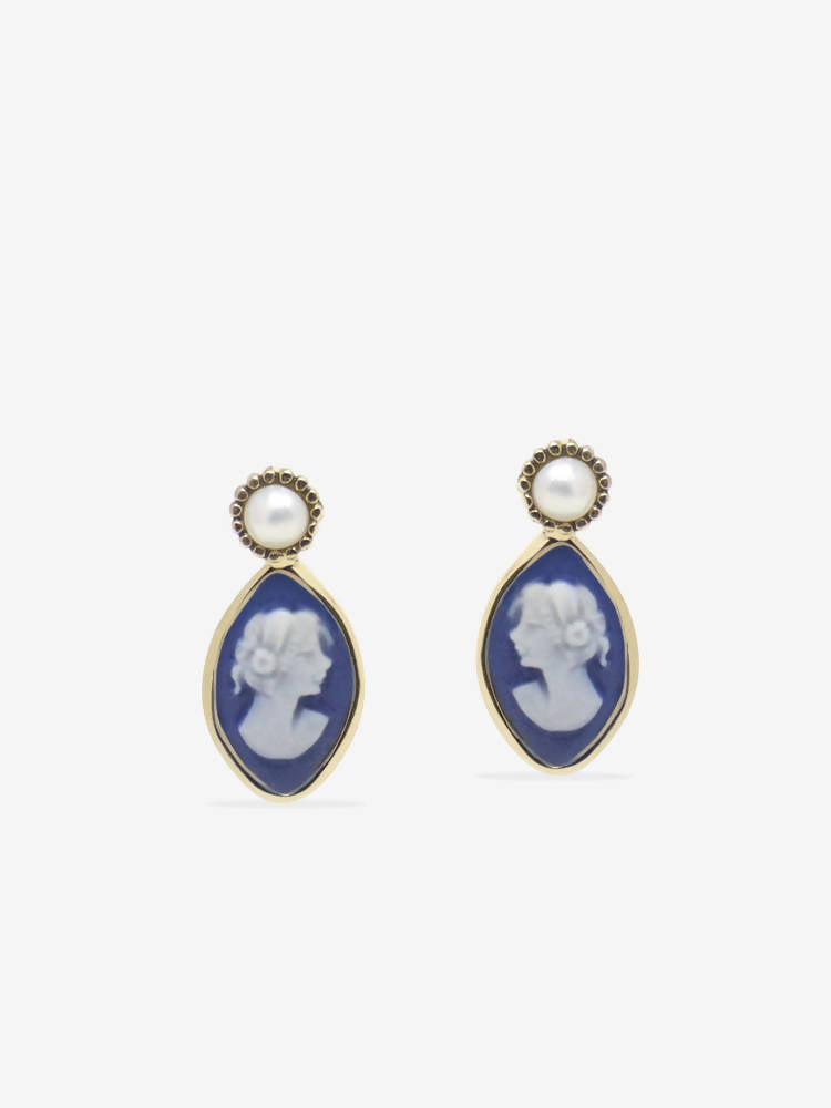 Boucles d'oreilles mini camée bleu et perle - Isabella