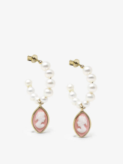 Boucles d'oreilles créoles avec camée rose et perles - April