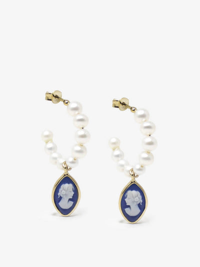 Boucles d'oreilles créoles avec camée bleu et perles - April