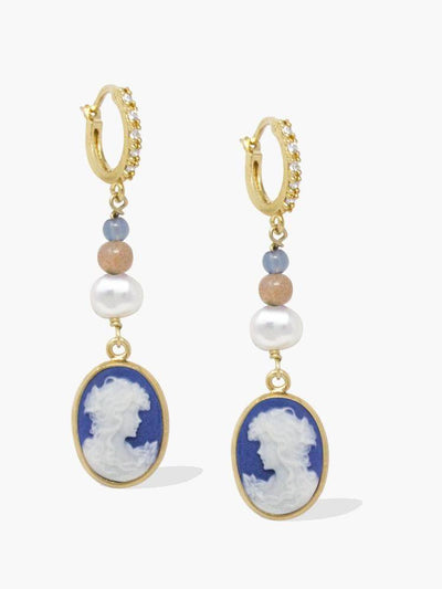 Boucles d'oreilles pendantes - Camée bleu et perles - Image 1