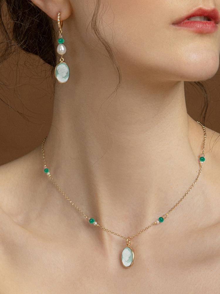 Collier Camée Argenté - Pendentif Tissu, Acier Inoxydable, Occasion