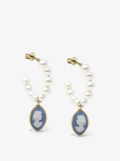 Boucles d'oreilles créoles avec camée bleu ciel et perles - April