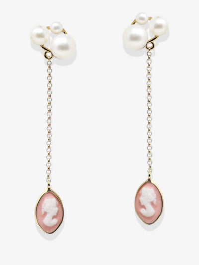 Boucles d'oreilles pendantes avec camée rose et perles - Lilith