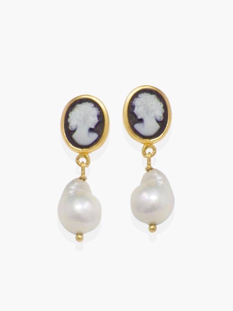 Boucles d'oreilles pendantes - Camée noir avec perles - Image 1