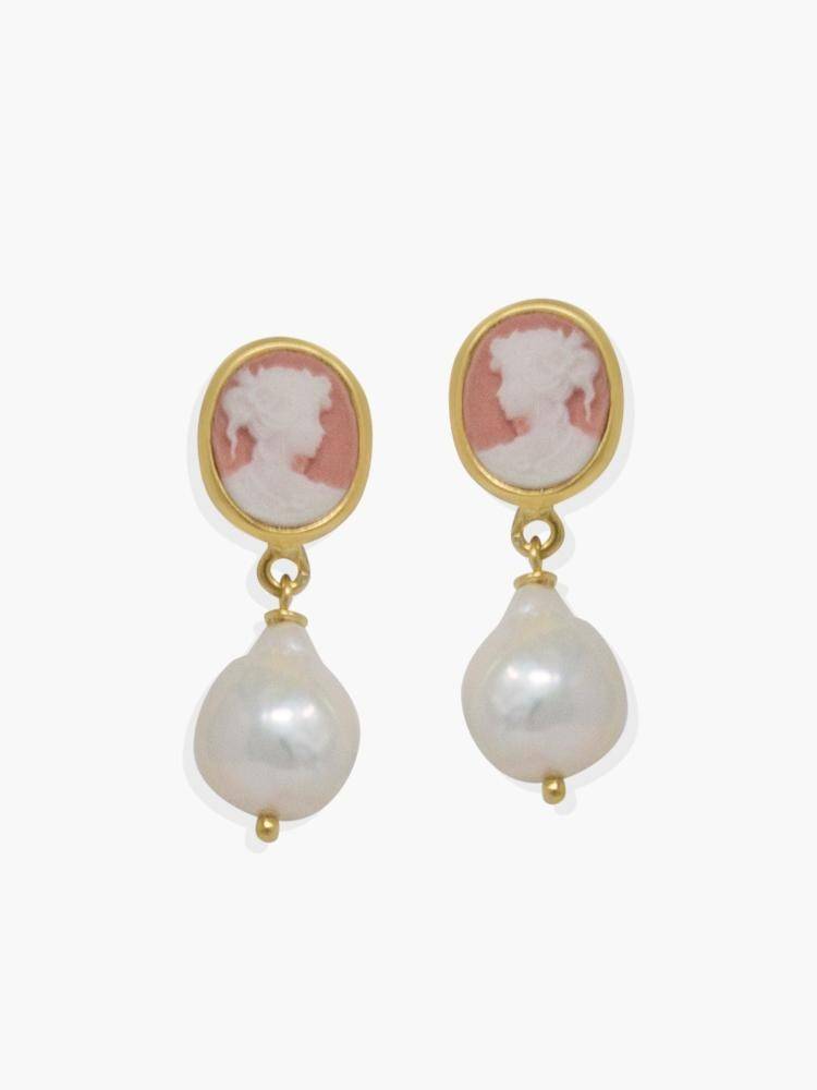 Boucles D'oreilles En Or 18kt Avec Camées Cornaline Et Perles D'eau Douce Rose – Neuf Avec étiquettes