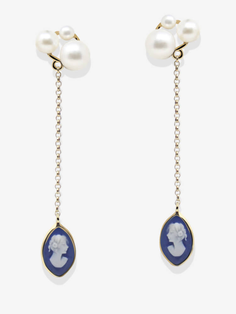 Boucles d'oreilles pendantes avec camée bleu et perles - Lilith