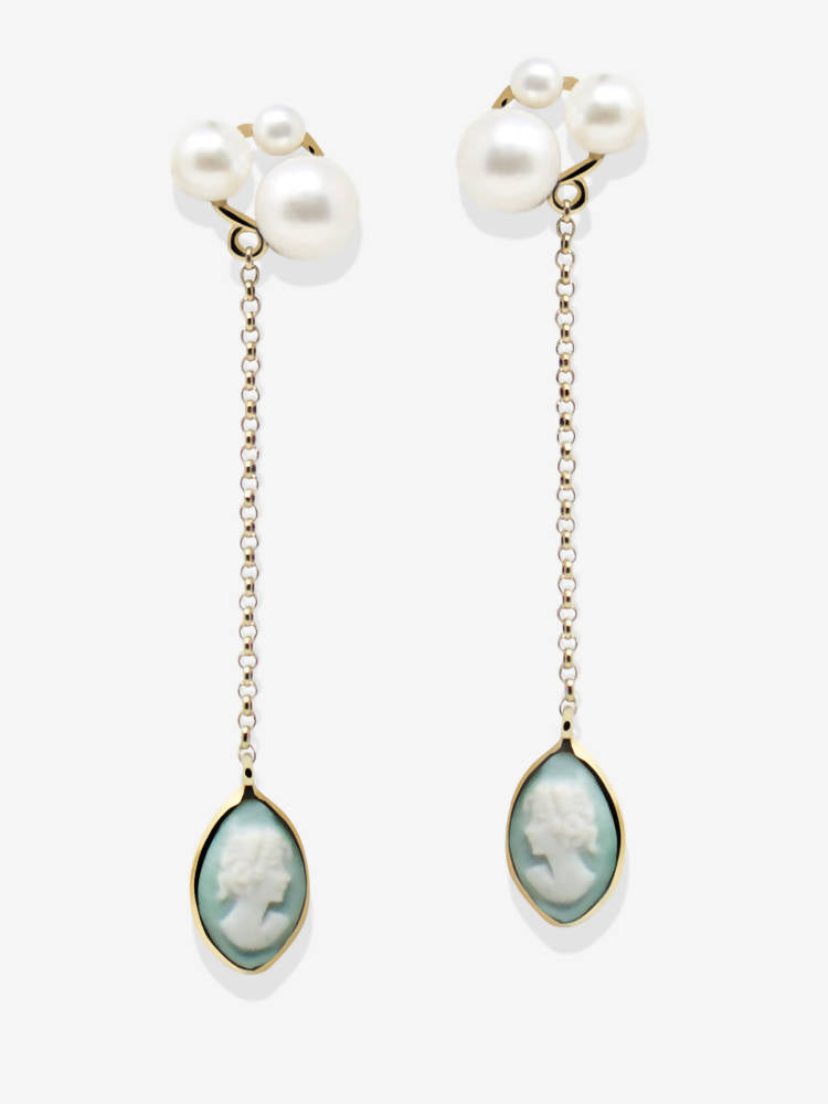 Boucles d'oreilles pendantes avec camée vert et perles - Lilith
